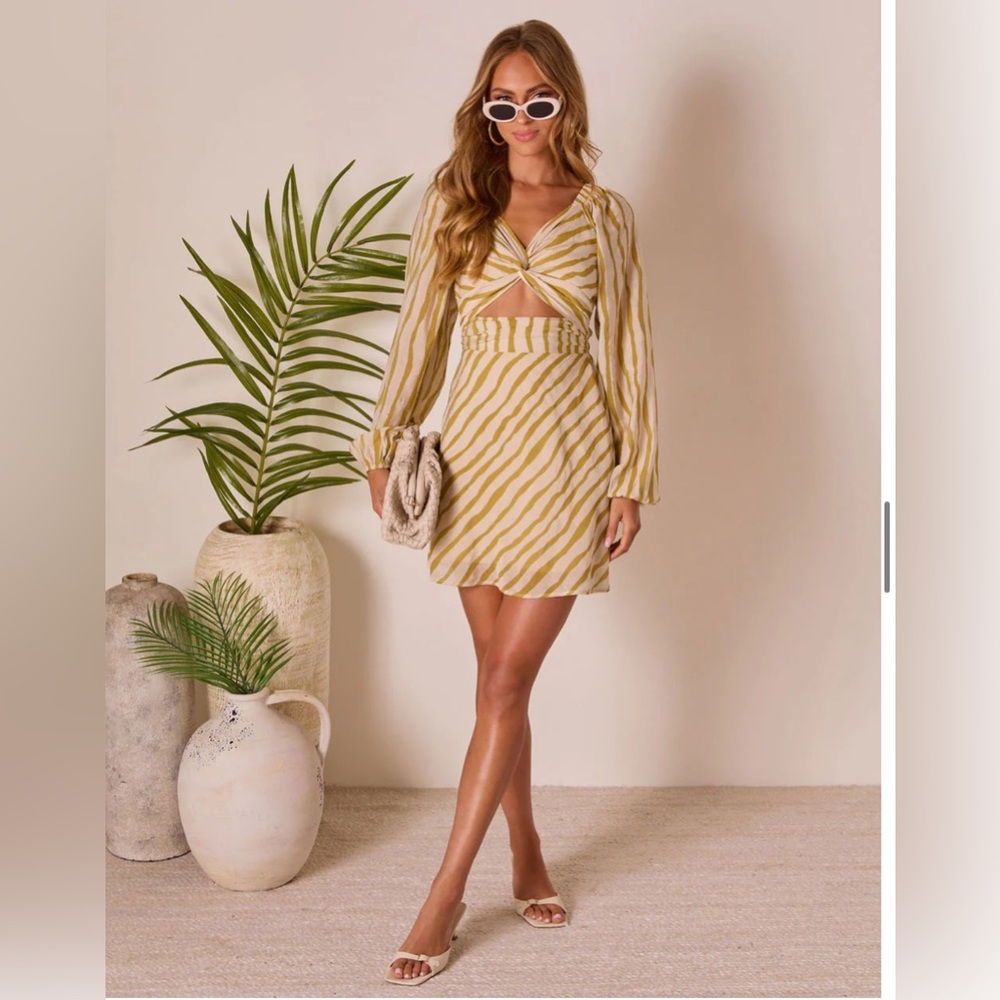 Vici Olive and Cream Off-Shoulder Dress